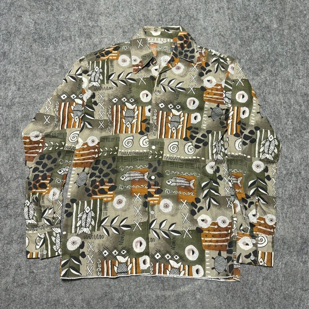 Vintage 90s Novelty Fish Print Pearl Snap Shirt Mens L Aztec Western Cowboy